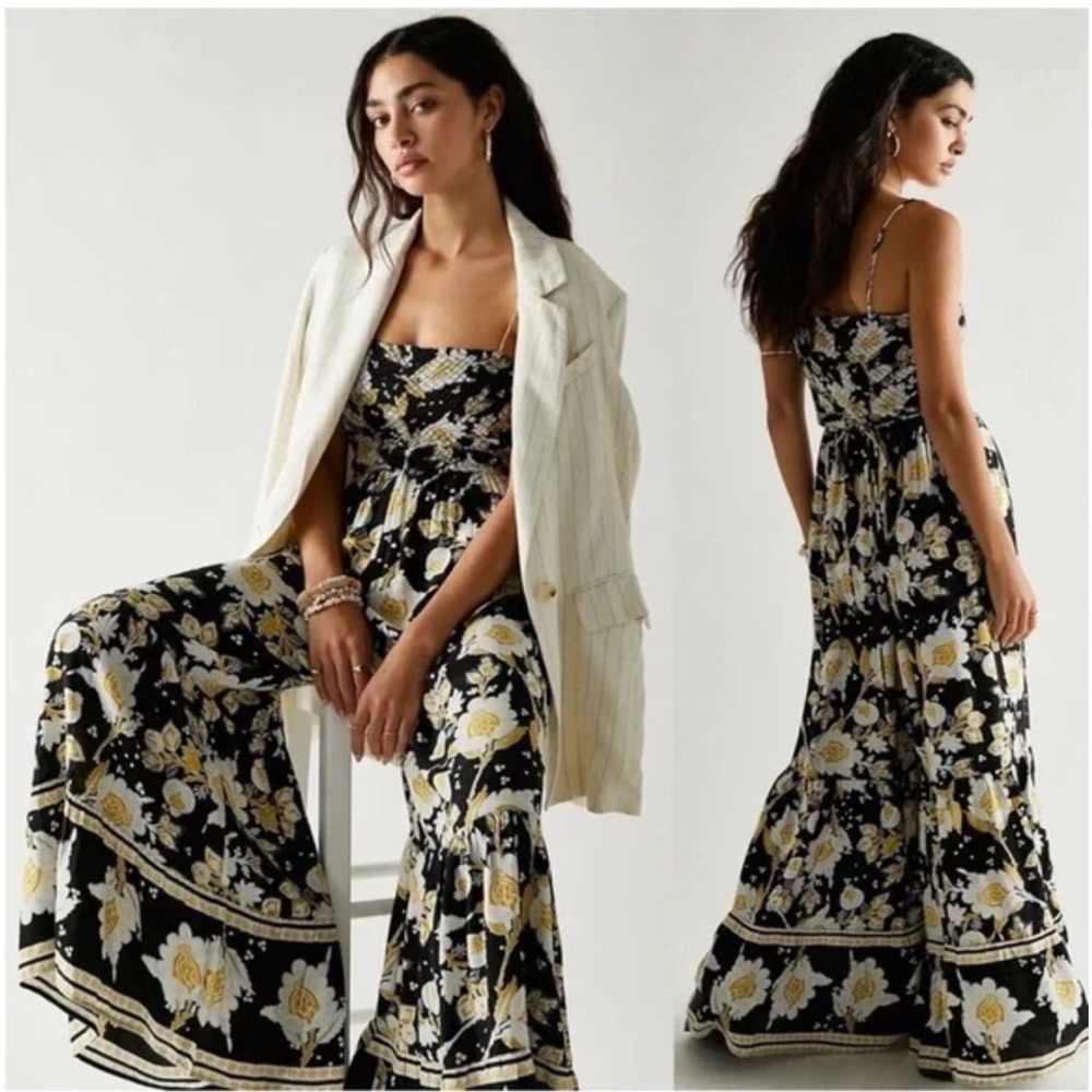 Free People Black and Cream Floral Jumpsuit with Spaghetti Straps